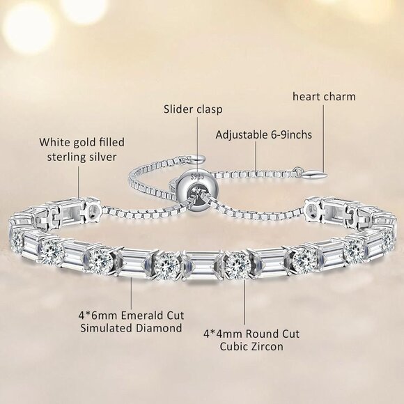 Birthstone Tennis Bracelet for Women Sterling Silver White Gold Adjustable 6-9 i - Picture 5 of 7